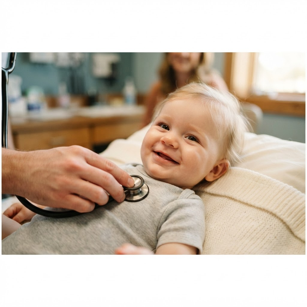 Bebê sorrindo tendo o coração examinado com estetoscópio